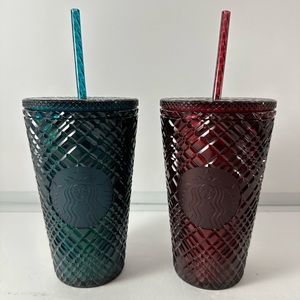 2 Starbucks Holiday Jeweled Cold Cups Blue Green & Red Merlot Grande 16 oz